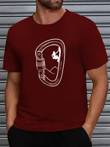 Summer Carabiner Climber Silhouette Print Men's T-Shirt Outdoor Adventure Loose Cotton Short Sleeve Top