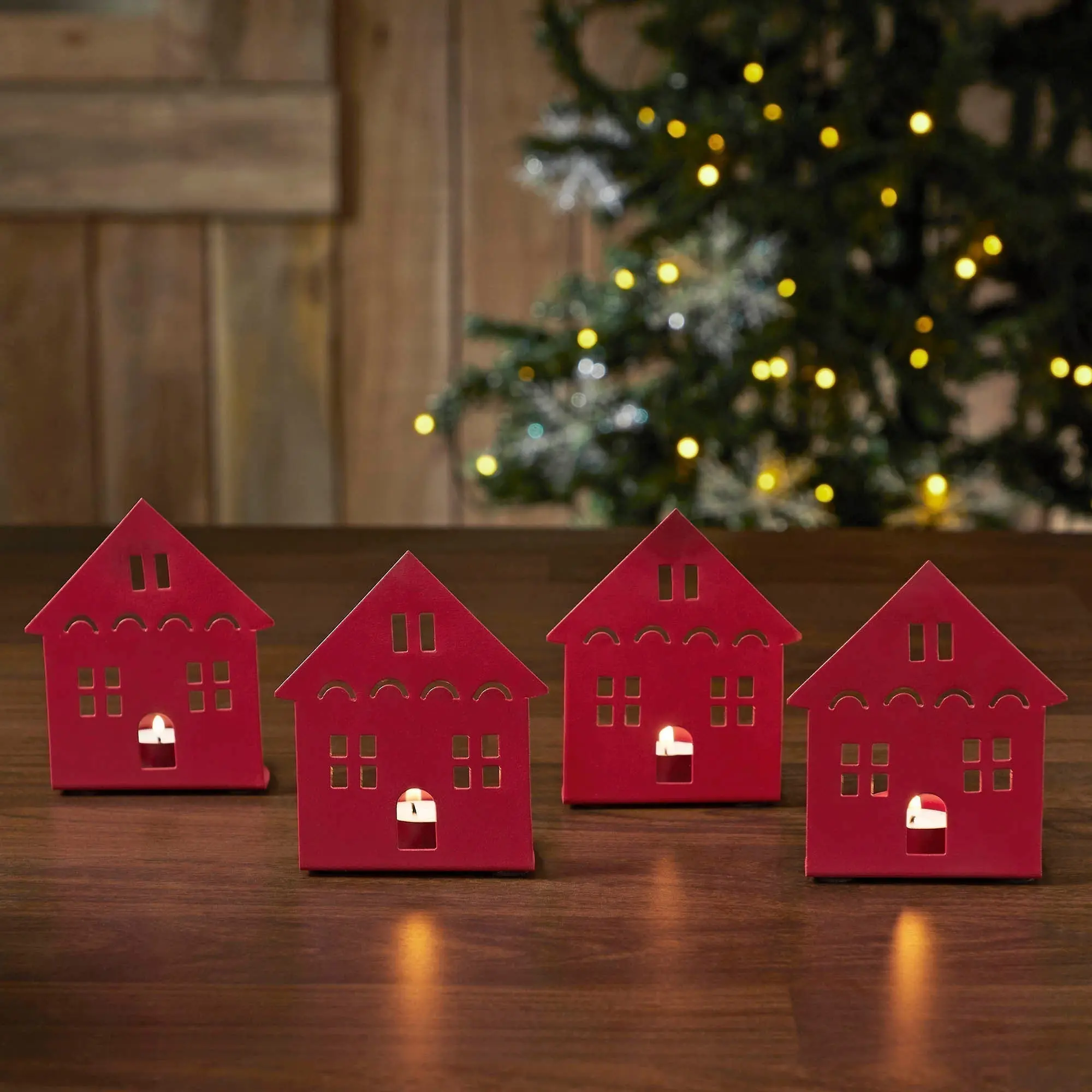 Tealight Holder House Barn Red Set of 4