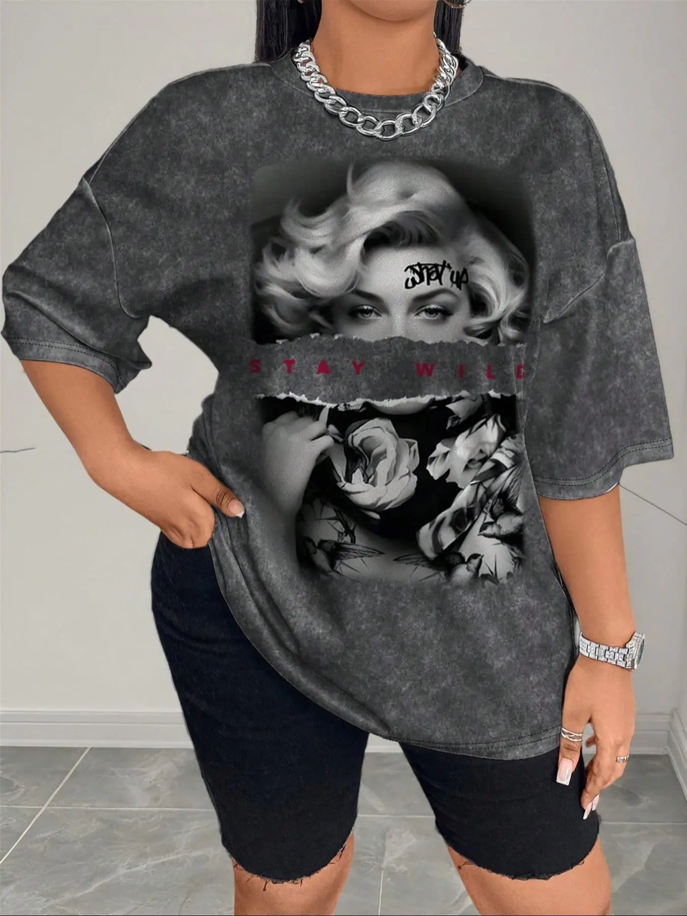 Women's Blurred Marilyn Monroe Print Curved Hem Tee, Casual Streetwear Fashion T-shirt for Daily Wear, Ladies Summer Clothes, Top, Casual Streetwear Look
