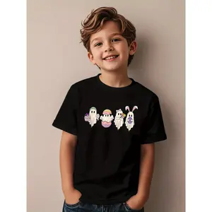Cute Cartoon Ghosts Graphic Tee For Kids Black T-Shirt |   Colorful Ghost Designs, Cheerful Fun Wear For Young Boys, Perfect For Playtime And Everyday Use, Casual Style, Crew Neck, All-Season, Medium Stretch Fabric