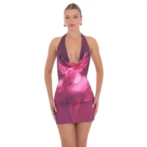 Floral Plunge Neck Bodycon Dress in Plum