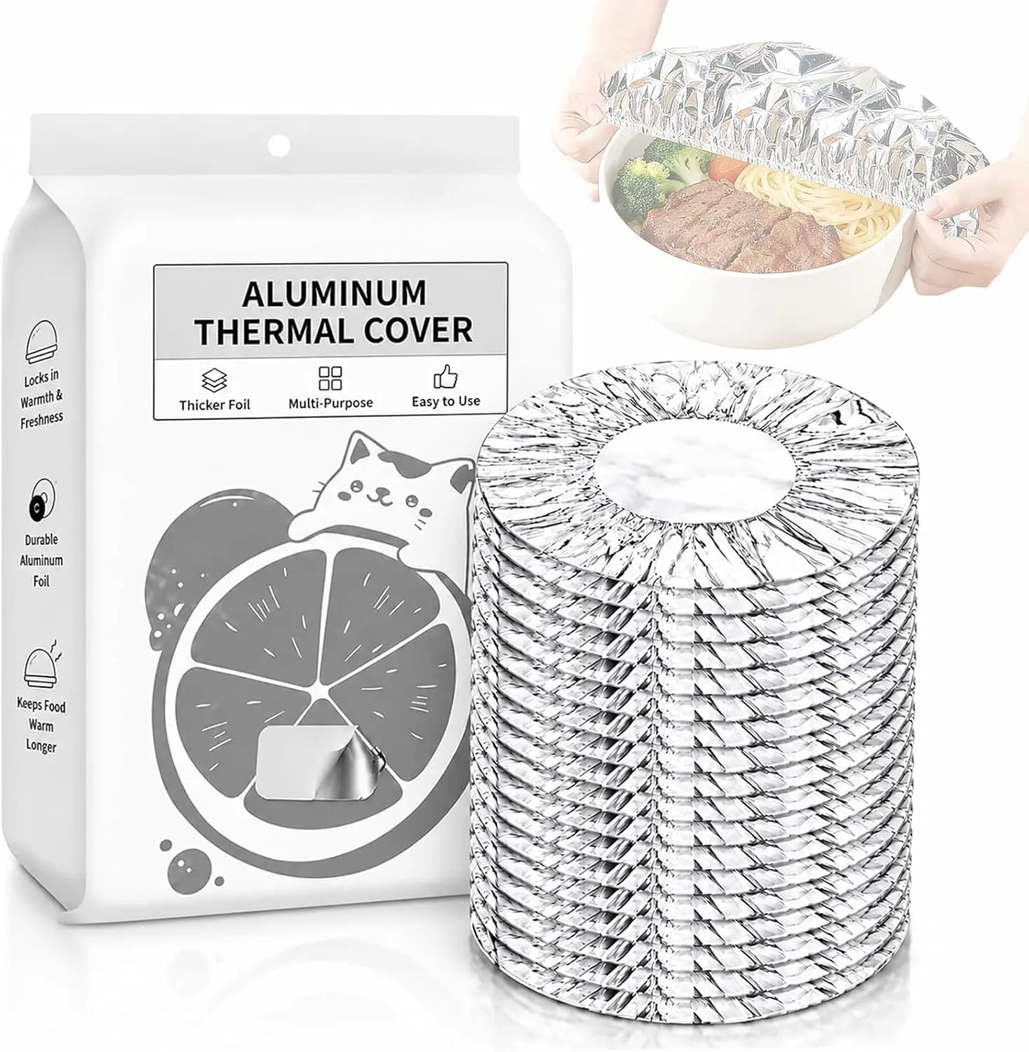 60PCS Reusable Aluminum Foil Food Covers,Reusable Thermal Cover For Foods, Home Dining Table & Food Container Aluminum Foil Heat-Retaining Cover, Elastic Edges For &