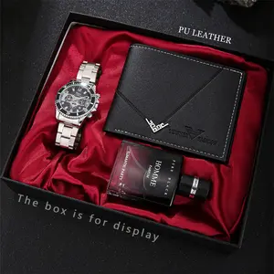 Men’s 3-piece fashion light‑luxury business stainless steel watch set paired with an elegant perfume and a textured wallet—the perfect holiday birthday gift for him
