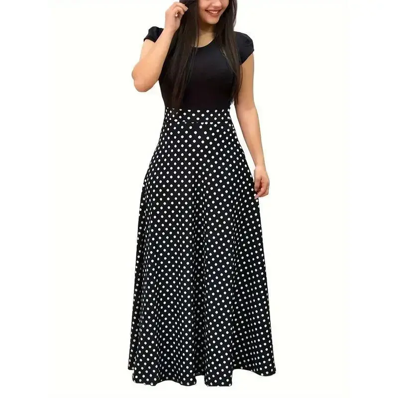 Women'S Plus Size Floral Print Colorblock Midi Dress with Short Sleeves - Elegant Crew Neck, Medium Stretch Polyester Fabric, All-Season Wear Women'S Plus Size Floral Print Colorblock Midi Dress with Short Sleeves - Elegant Crew Neck, Medium Stretch Polyester Fabric, All-Season Wear