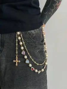 ZYNE Vintage Colorful Rhinestone Cross Pants Chain, Men's Hip Hop Body Chain for Pants Decoration, Unique Fashion Accessory Vintage Body Jewelry