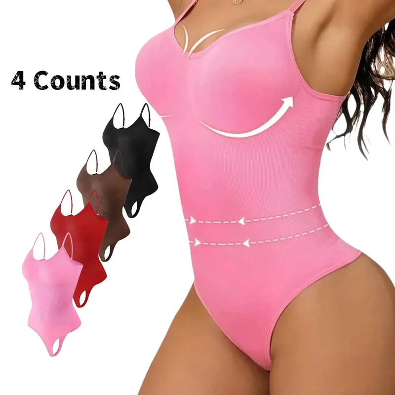 Women's Solid Color Round Neck Shapewear Bodysuit, Tummy Control Butt Lifting Shaper, High Stretch Thin Shapewear for Daily Wear, Compression, Smooth, Women's Seamless Adjustable Straps Shapewear, Underwear, Womenswear