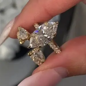 YICHI 4.0ct D/VVS1 Synthetic Moissanite Marquise Cut 2pcs 18k Gold Plated Engagement Ring Set, 925 Sterling Silver Bridal Ring Set, Women'S Ring Jewelry, Everyday Wedding Ring Set, Travel, Proposal, Birthday, Anniversary, High Jewelry