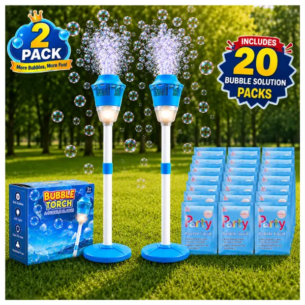 2 Pack Automatic Bubble Machine + 20 PCS Bubble Solution Packs for Kids, Standing Torch Bubble Maker with Light & Music, Height Adjustable 21-47 Inches, Perfect for Birthday & Outdoor Parties, Bubble Toy & Gift for Toddlers Kids, Family Fun & Outdoor Play