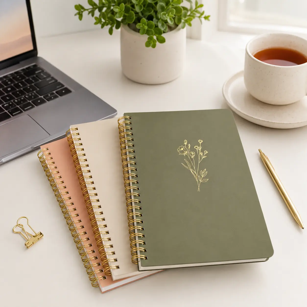 3-Pack Aesthetic Spiral Notebooks for Women, 8x6 College-Ruled Journals with Lined Pages and Large Storage Pockets