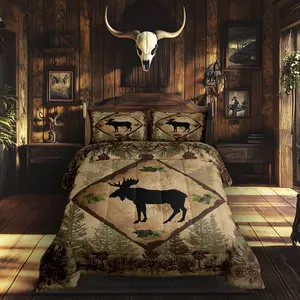 Moose Silhouette Decor Comforter Set,Green Jungle Pine Trees Cones Bedding Set for Kids Teens Adults Vintage Plaid Lodge Cabin Microfiber Duvet Set