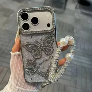 Luxury New 3D Butterfly Sparkling Diamond Chain Phone Case for iPhone 17/16/15/14/13/ProMax/Pro/Plus  Anti Drop Protection Case