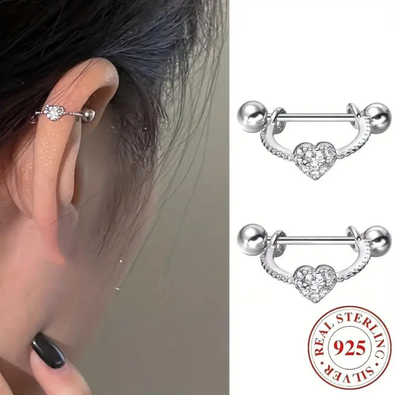 Women's S925 Sterling Silver Heart-Shaped CZ Earrings - 1 Pair Pack, Zirconia Stones, Crystal Encrusted, Cute Design, CZ Light Flashes, Ideal for Daily Wear, Valentine Gifts