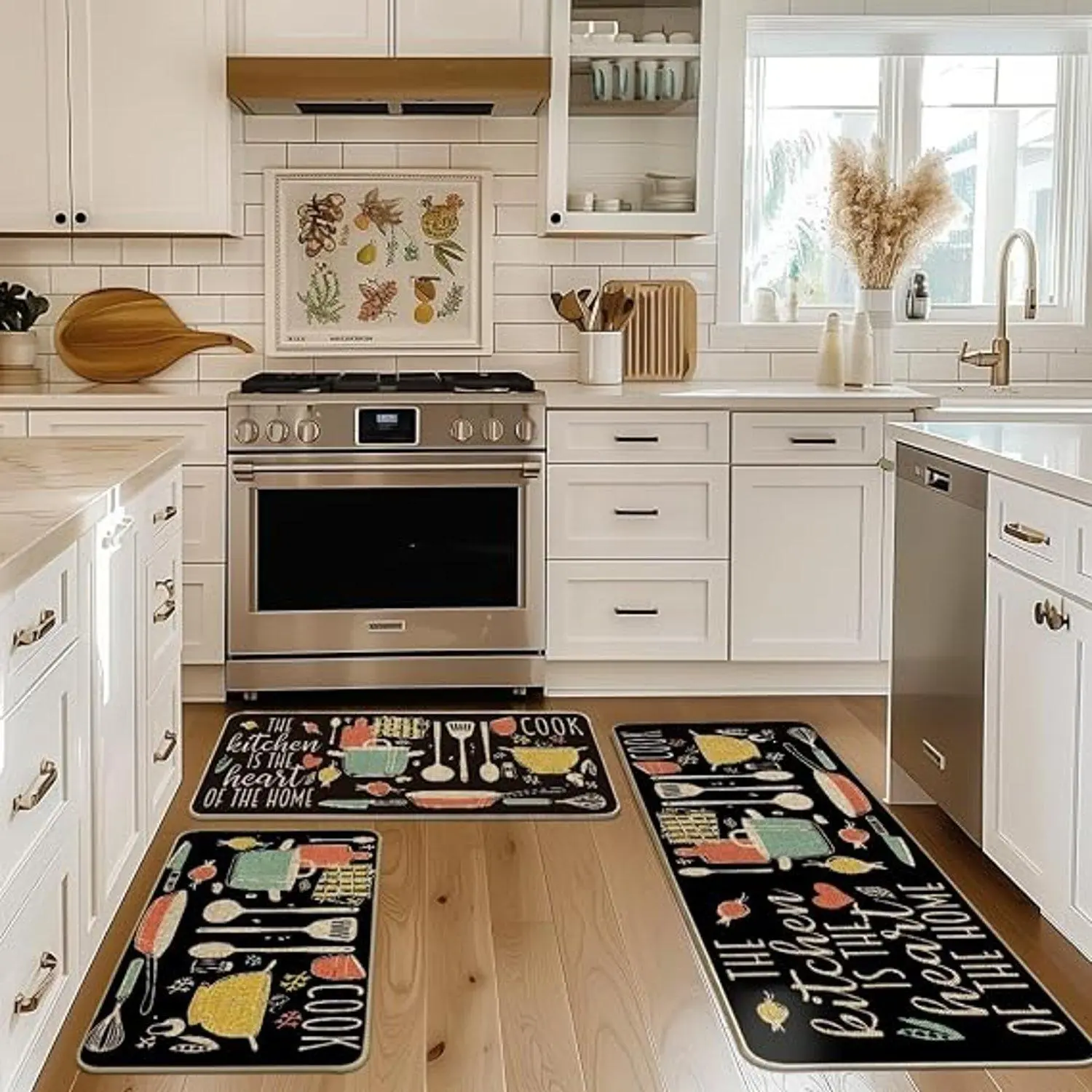 Flannel Black Background Kitchen Utensils Letter Print Anti Fatigue Kitchen Floor Mat