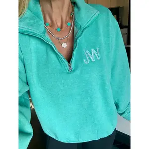 Acid Teal Embroidered Quarter Zip Pullover