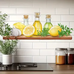 Bohemian Lemon Kitchen Wall Sticker, Realistic Lemon Herbs Glass Bottle Design, Floral Pattern for Tiles Cabinets Windows, Kitchen Decor