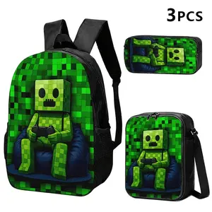 Durable Water Resistant 3-Piece Backpack Set for Kids, Lightweight School Bag with Lunch Box, Featuring Game Controller-Holding Green Pixel Creeper Full-Print, Dark Sofa & Gradient Green Block Background for Sandbox Game Fans Daily School & Gaming Use