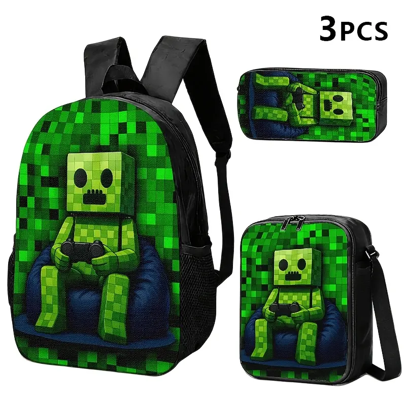 Kids 3-Piece Backpack Set, Water Resistant Game-themed School Bag with Insulated Lunch Box & Zippered Pencil Case, Pixel Creeper Print, Fits 15-inch Laptop, Synthetic, Set Pack, Zipper Pouch, Built-In Organizer, Oxford Cloth, Daily School