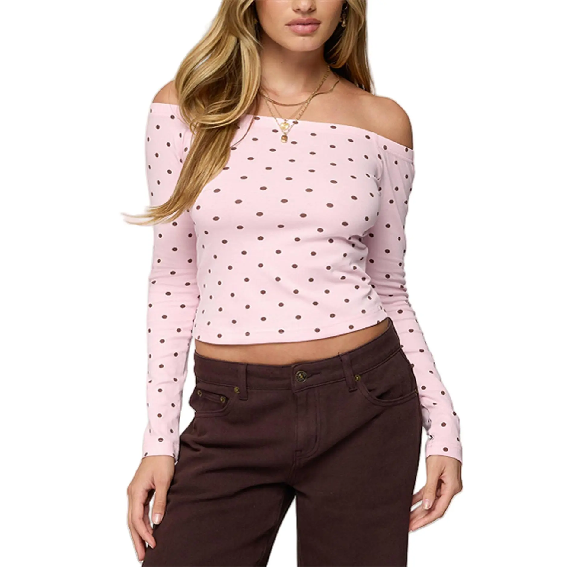 Women Off the Shoulder Polka Dot Shirt Long SleeveFitted T-Shirt Y2k Girls Vintage Crop Top Going out Tops Party Streetwear