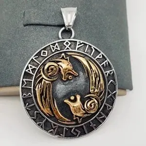 Viking Double Wolf Head Rune Stainless Steel Pendant