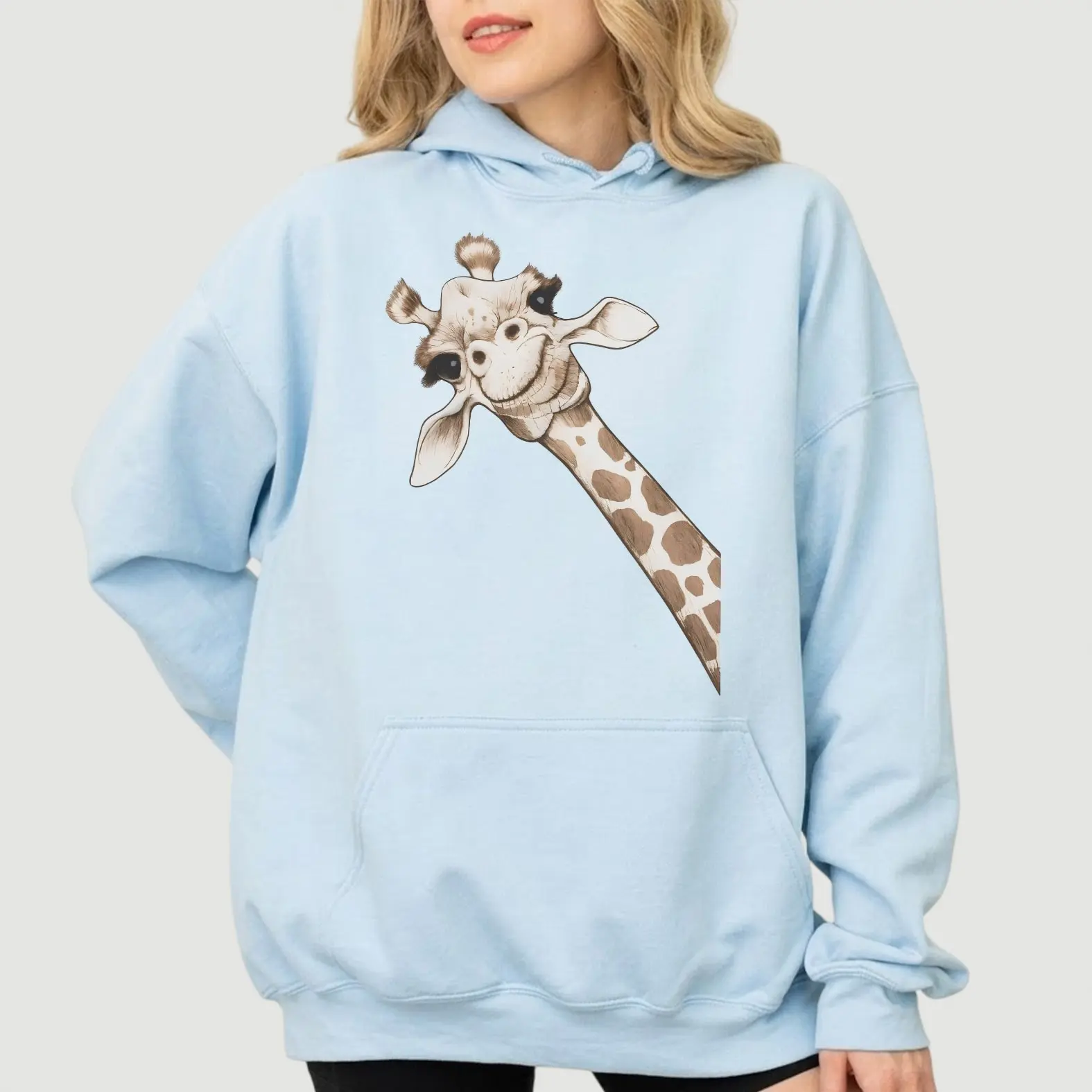 Cute Giraffe Hoodie, Smiling Safari Giraffe Sketch Graphic Pullover, Giraffe Lover Gift