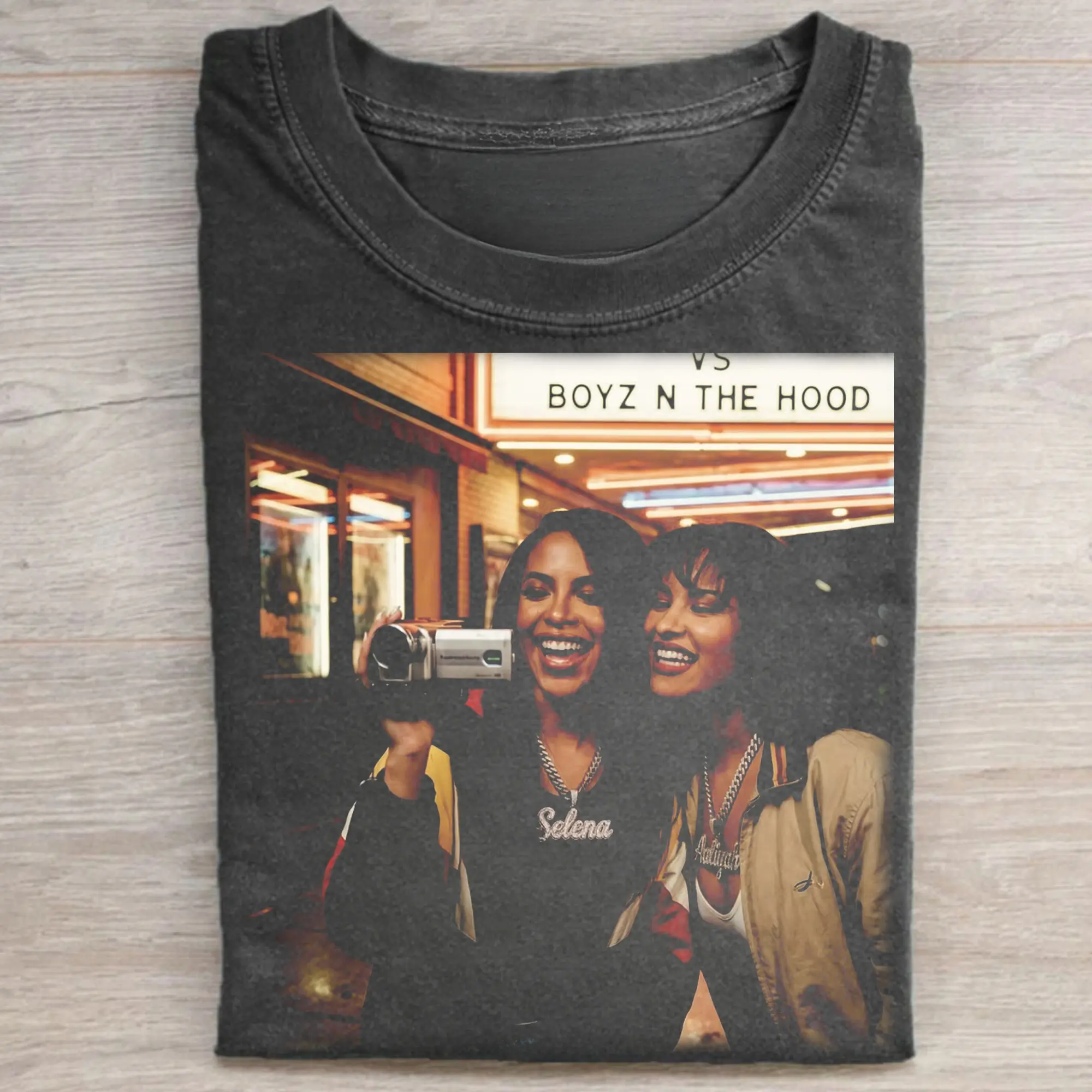 Women's Fitted Casual Graphic T-Shirt - Vintage 90s Aaliyah & Selena Printed, Short Sleeve Crew Neck, Preppy Basic Cotton Top, All Seasons, Lightweight, Cold Wash, Do Not Bleach