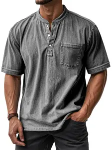 Menswear Men's Short-Sleeve Henley-Collar Polo Top - Washed, Distressed, 3-Button Placket, Pockets, Loose Fit - Ideal for Commuting, Streetwear