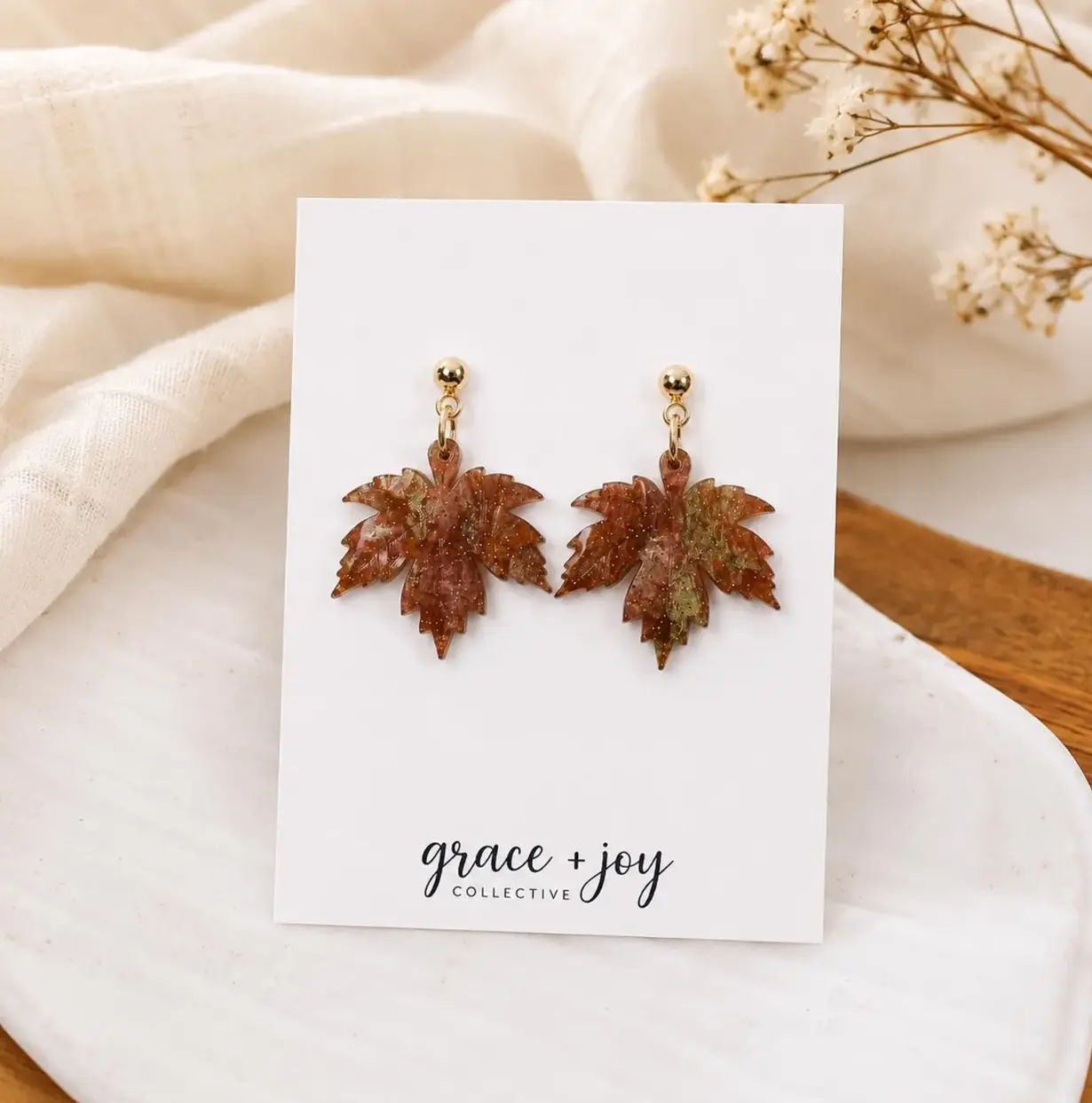 Copper Maple Leaf Earrings, Fall Leaf Acrylic Earrings