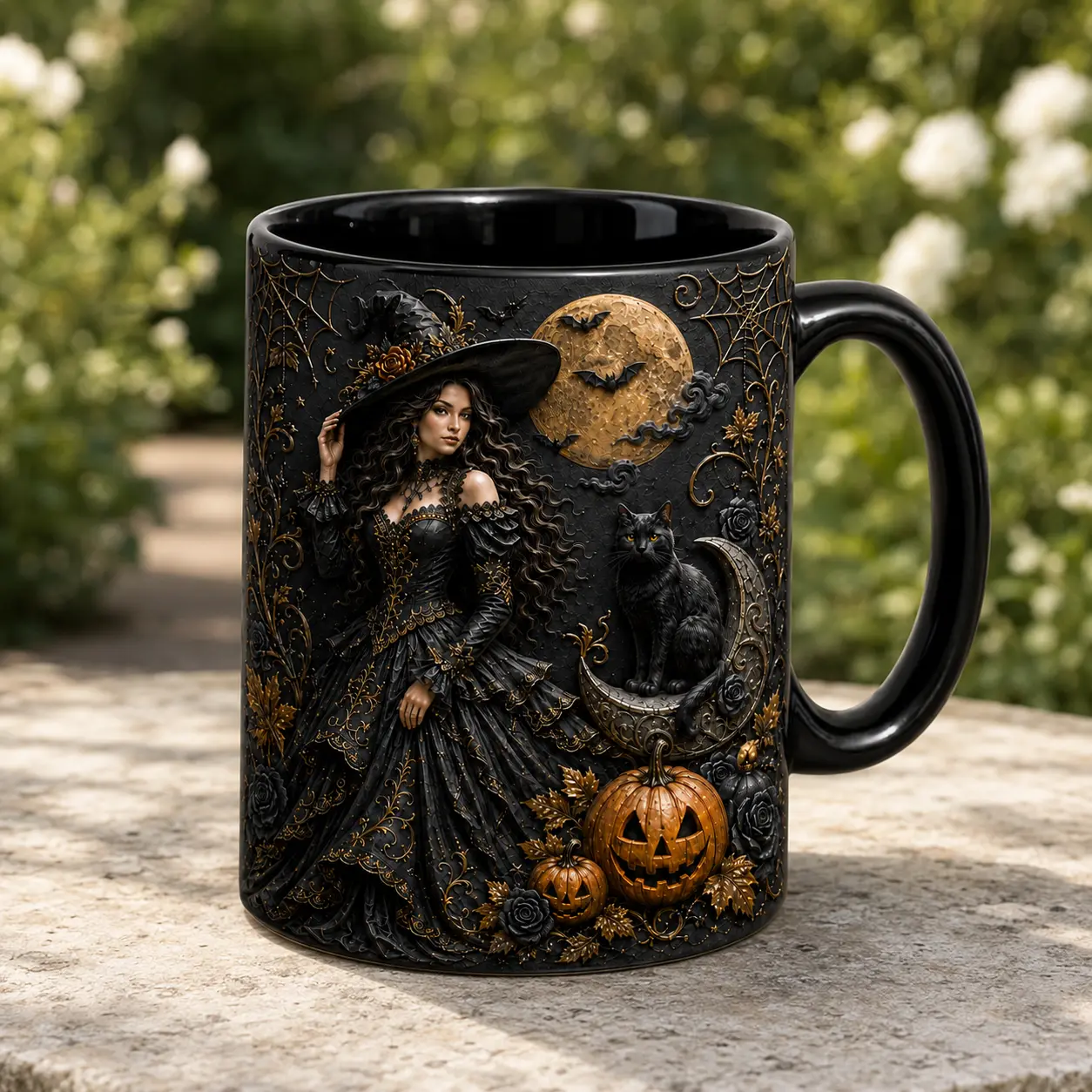 Gothic Witch Halloween Mug, Black Cat Moon Pumpkin Coffee Cup, Spooky Vintage Ceramic Mug, Witchy Fall Gift for Women
