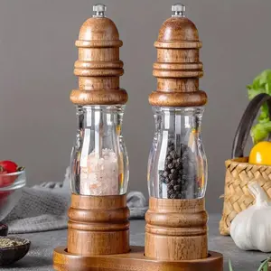 Wooden Manual Pepper Grinder, 2 Counts Glass Seasoning Bottle with Handle, Seasoning Utensils for Home & Restaurant Use, Kitchen