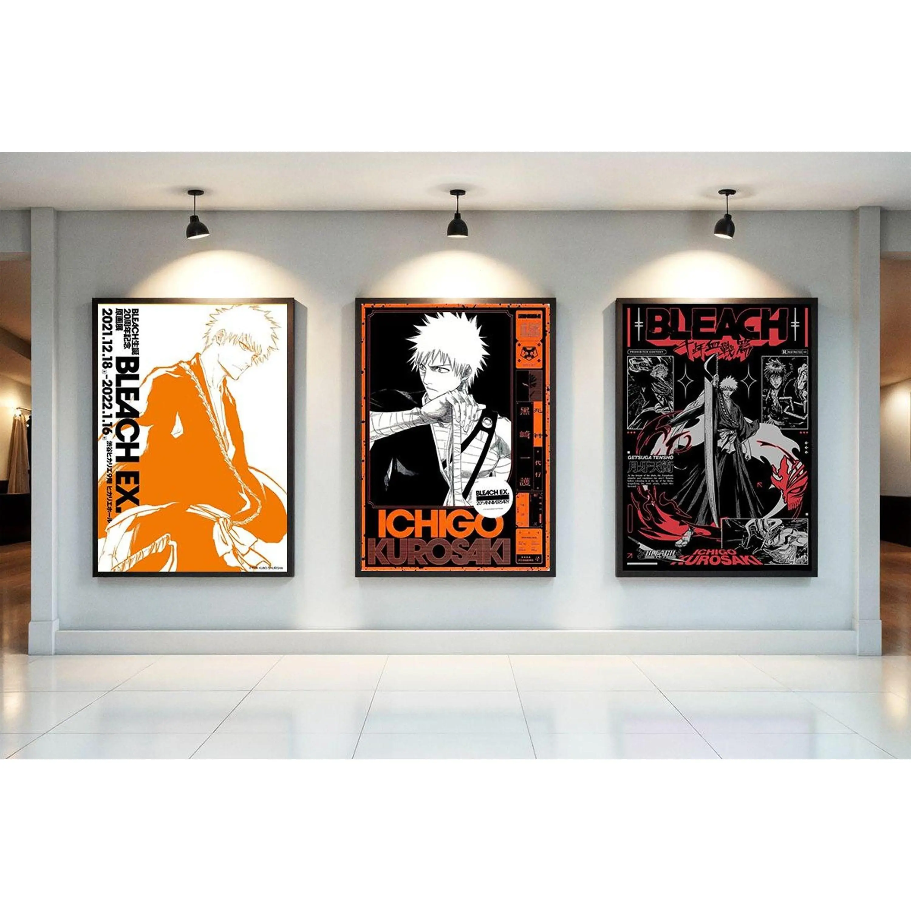 Anime Ichigo Kurosaki Poster Set of 3, Bleach Manga Wall Art, Minimalist Black Orange Decor