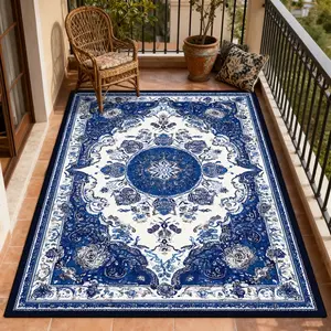 Classic Persian Floral Medallion Area Rug - Navy Blue & White Ornate Print Soft Mat for Balcony & Living Room, Non-Slip Vintage Home Decor #PersianStyleRug #NavyBlueMedallionMat #VintageHomeDecor #FloralBorderCarpet #NonSlipAreaRug