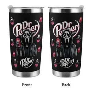 Ghostface Tumbler, 20oz & 40oz Black Stainless Steel Insulated Travel Mug, Scream Horror Movie Design, Dr. Pepper Soda Themed Drinkware, Spooky Fan Art, Perfect for Halloween, Horror Movie Nights