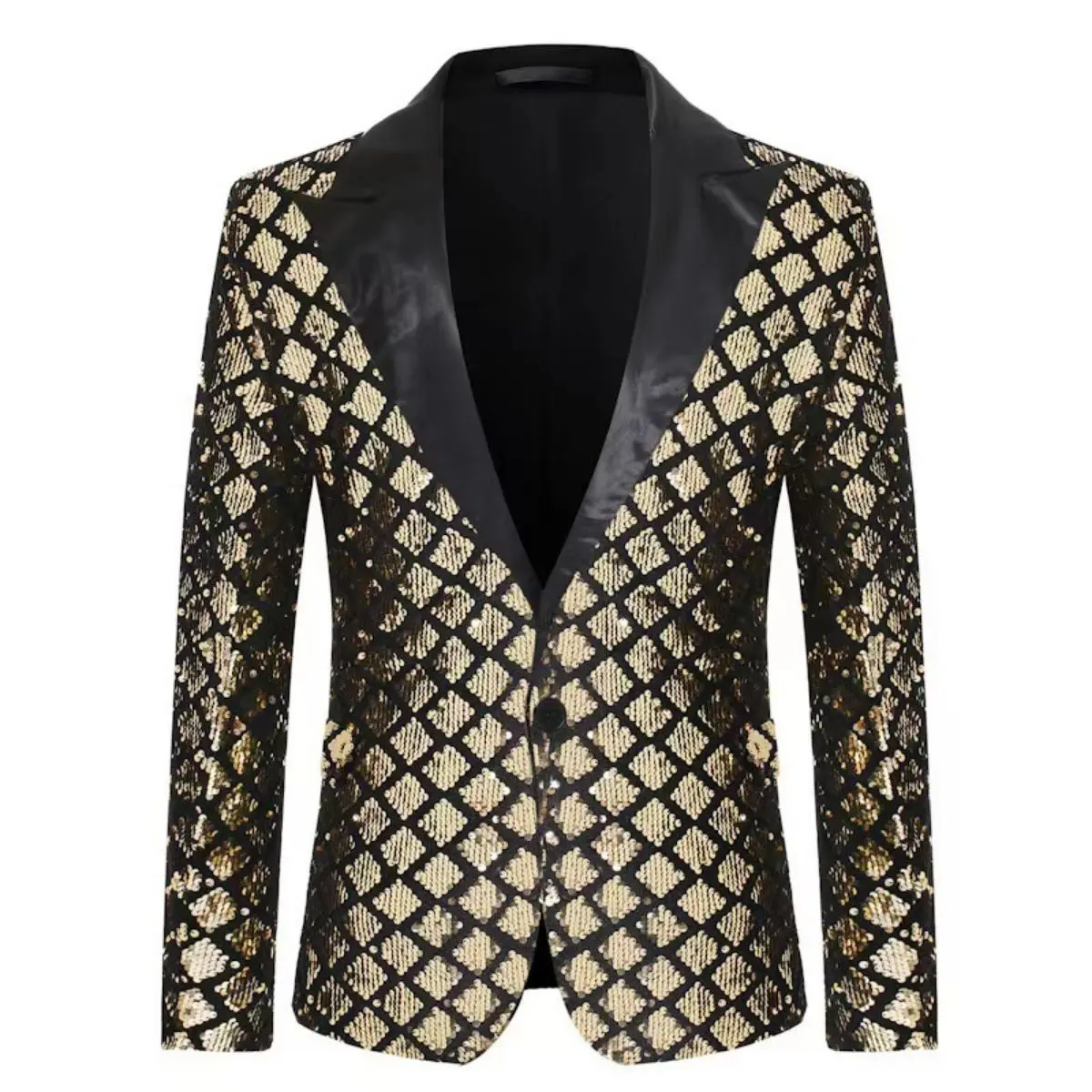 Men's Slim-Fit 1-Button Sequin Scales Pattern Polyester Blazer - Long-Sleeve Outerwear Jacket for Stage, Weddings