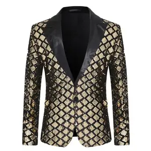 Men's Slim-Fit Long-Sleeve Polyester Fabric Color Block Sequin Blazer - Matching for Stage, Banquet, Wedding Events