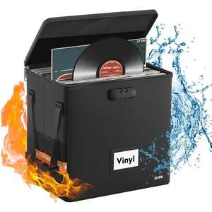 Fireproof Vinyl Record Storage Box with Lock,Water Resistant Small Record Stoarge Organizer,Collapsible Vinyl Record Storage Carrying Case,Holds 55 Single Albums-7/12inch-Black