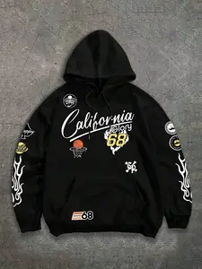 Men's Cotton Blend Hoodie, Graphic Sweatshirt, Casual Streetwear for Basketball & Street Style, Drawstring Hood & Kangaroo Pocket, with Graphic & Patch Decor