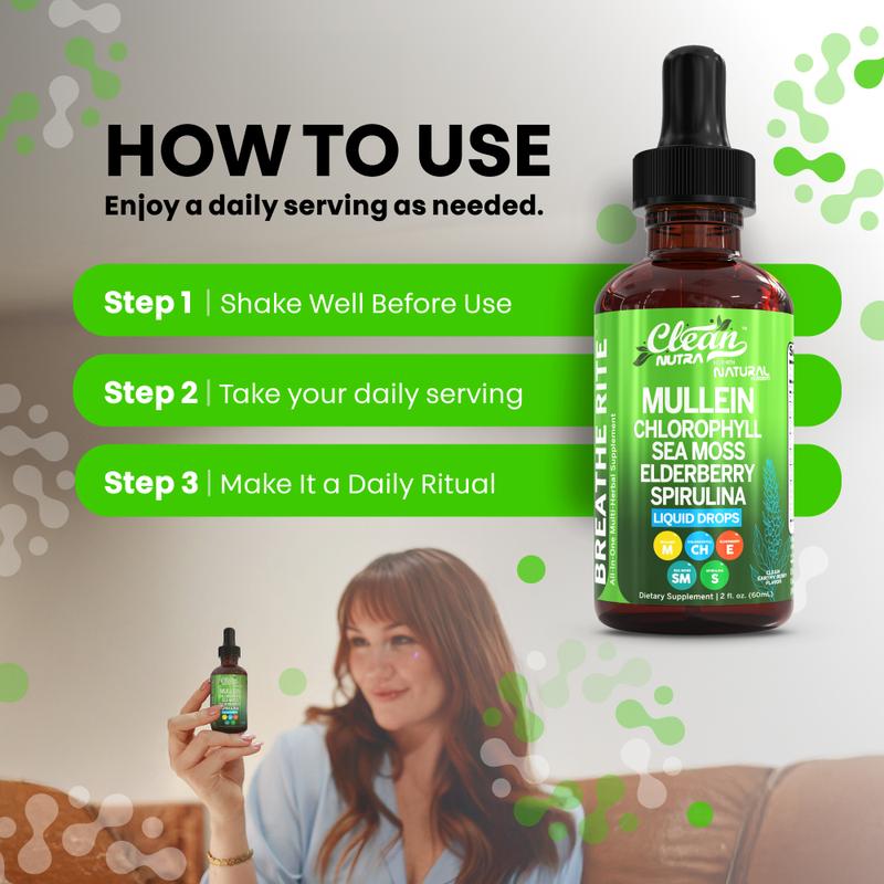Clean Nutra Chlorophyll, Sea Moss, Elderberry, Spirulina, Licorice, Tart Cherry, Lobelia, Motherwort & More for Lung Detox Liquid Drop – Breathe Rite