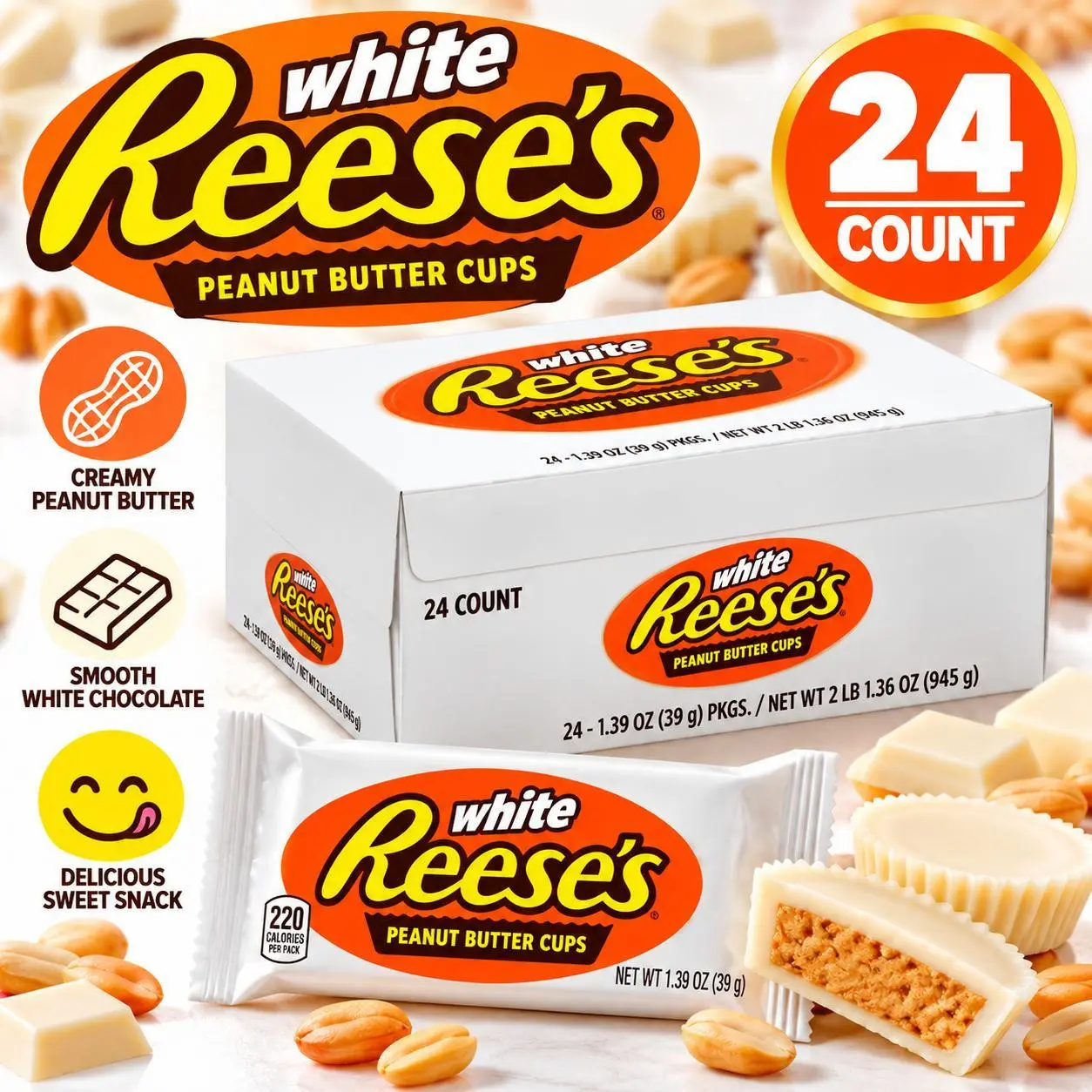 REESE'S White Chocolate Peanut Butter Cups, 1.39 oz, 24-Count Bulk Box Sweet Candy Treat, 1.39Oz