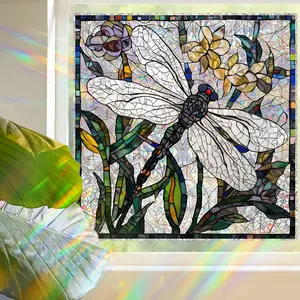 1Pc Window Art Dragonfly Flower Electrostatic Film Sticker, Decorative Sticker - Waterproof, Detachable, Reusable, Electrostatic Adsorption Suitable for balcony glass, doors and windows, home decor and other scenes