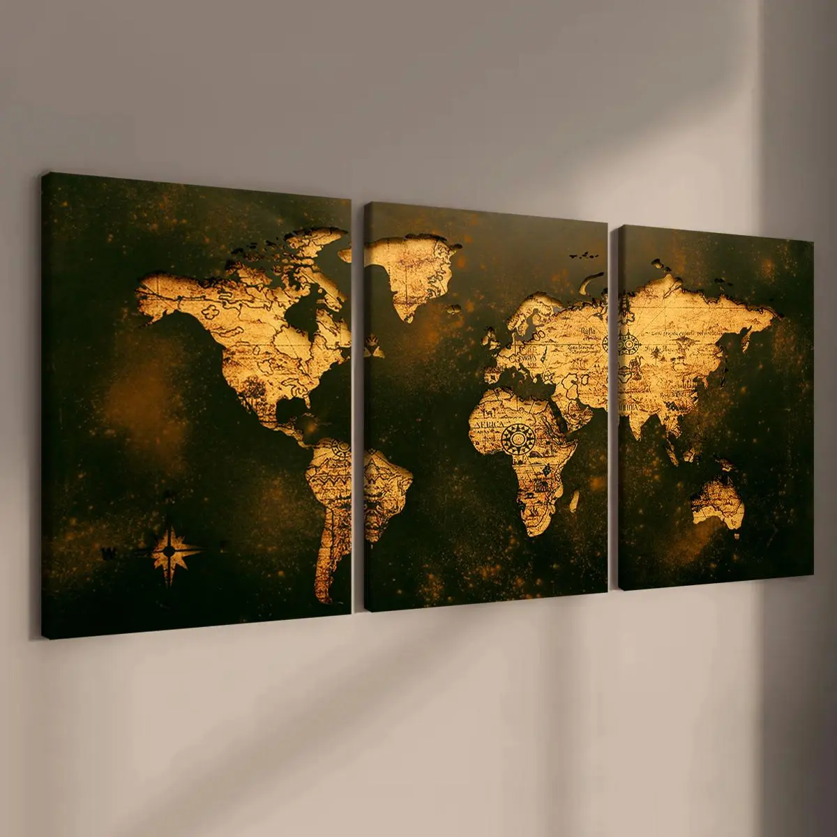 Vintage World Map Pattern Canvas Painting, 3 Counts Wooden Framed Canvas Wall Art, Wall Decor for Home Living Room Bedroom Office, Art Wall Decoration, Decorative Wall Art