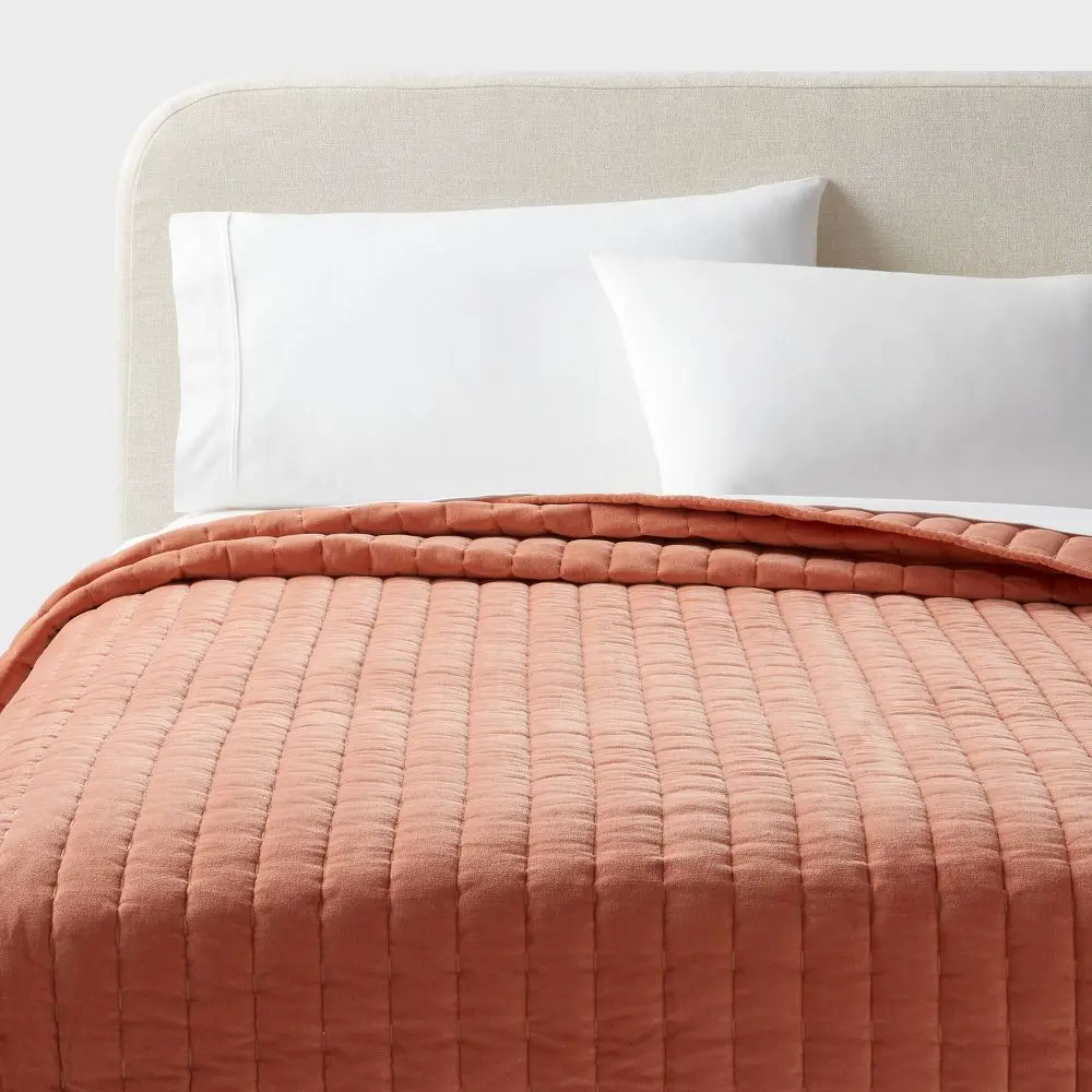 King Channel Stitch Velvet Quilt Light Terracotta - Threshold: OEKO-TEX Certified Cotton Backing Year-Round Comfort