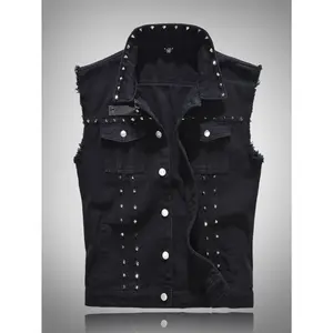 New Men'S Black Denim Vest - Trendy And Edgy Studded Design - Plus-Size, Casual, And Distinctive Sleeveless Outerwear