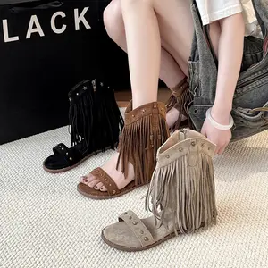 Stylish retro studded tassel bohemian style versatile open-toe wedge sandals