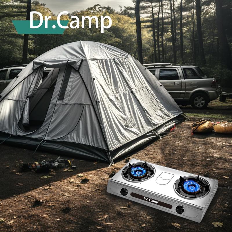 Dr.Camp 30000 BTU 2 burner outdoor garden camping camp hiking propane stove cooker grill with CSA listed regulator and gas hose, gray color