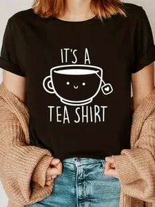 Women'S Casual Crew Neck T-Shirt,  Polyester Knit Fabric, Regular Length, All-Season Fashion Tee with "It'S a Tea Shirt" Alphabet Pattern