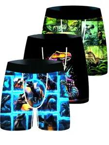 Men's Dinosaur Print Underwear Set, Breathable Comfortable Flat Briefs, Cartoon Digital Print Youth Innerwear, 3 Pack Boxers