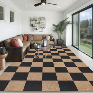 Jute Indoor/Outdoor Rug Modern Geometric Style Machine Washable Area Rug Checkered Pattern Interior Decorating Rug Soft and Non-slip for Dining Rooms Apartments Farmhouses Offices Game Rooms