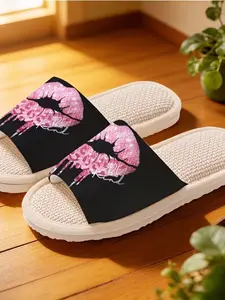 Glitter Resin Lip Slippers, Waffle Linen Breathable, Trendy Cool Four-Season Soft Sole Slippers, Home Casual Footwear