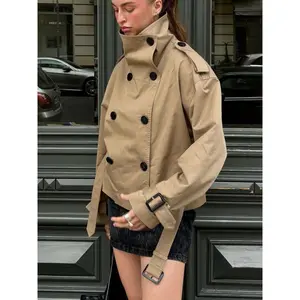 Women’s beige cropped trench coat windbreaker, double-breasted jacket with belted waist, casual layered outerwear for winter