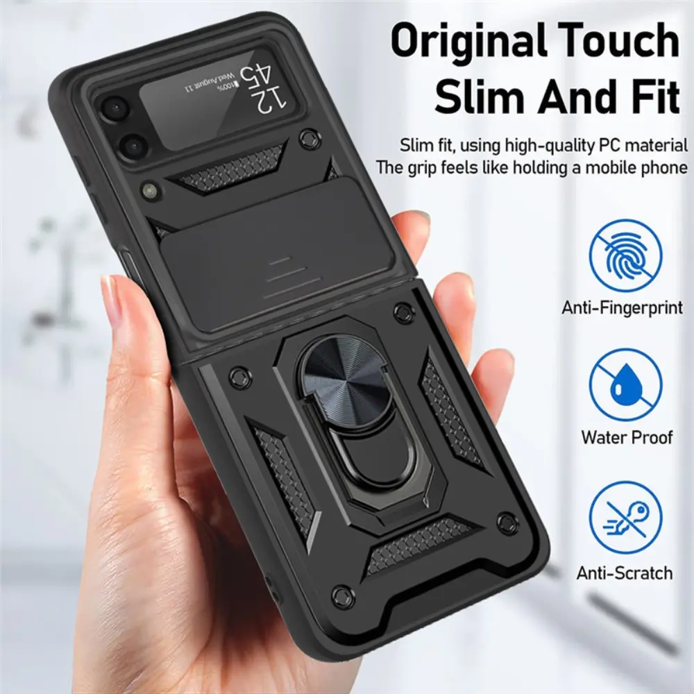 Slim Armor Slide Camera Cover Case with Magnetic Ring Kickstand, Heavy Duty Shockproof Bumper & Comfort Grip for Samsung Galaxy 3/4/5/6/7 Flip Fold, Motorola Razr 40/50/60 Ultra Smartphone Accessories for Handheld Cellphone Devices